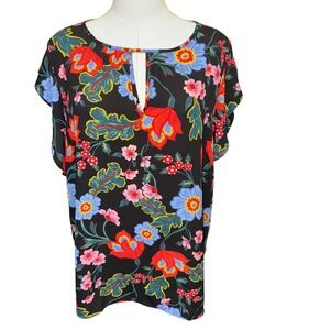 Ann Taylor Factory XL Floral Keyhole Blouse Flutter Ruffle Short Sleeve Top